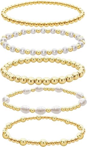 5PCS Gold Bracelets for Women Dainty Round Beaded Bracelet Stackable Stretch Bead Ball Bracelets Adjustable stacked Strand Bracelet Jewelry Set for Gifts in Saudi Arabia