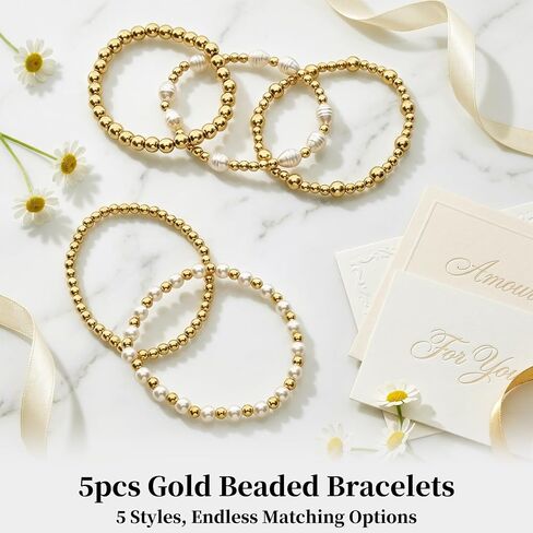5PCS Gold Bracelets for Women Dainty Round Beaded Bracelet Stackable Stretch Bead Ball Bracelets Adjustable stacked Strand Bracelet Jewelry Set for Gifts in Saudi Arabia