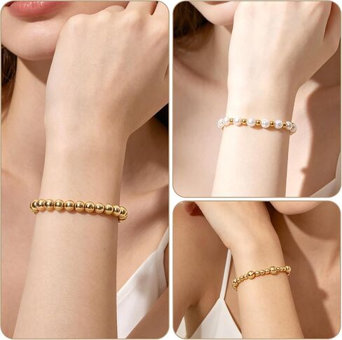 5PCS Gold Bracelets for Women Dainty Round Beaded Bracelet Stackable Stretch Bead Ball Bracelets Adjustable stacked Strand Bracelet Jewelry Set for Gifts in Saudi Arabia