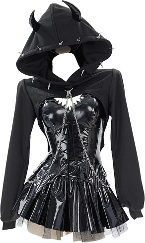 MEOWCOS Hoodie Corset Top Mini Skirt Set Gothic Halloween Dress Punk PU Leather Casual Party Dress in Kuwait