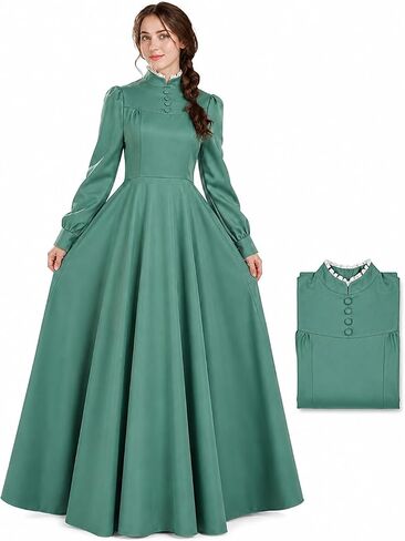 Women's Green Cottagecore Prairie Dress Long Sleeve Maxi Dress Victorian Renaissance Cosplay Costume for Halloween in Saudi Arabia