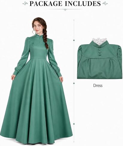 Women's Green Cottagecore Prairie Dress Long Sleeve Maxi Dress Victorian Renaissance Cosplay Costume for Halloween in Saudi Arabia