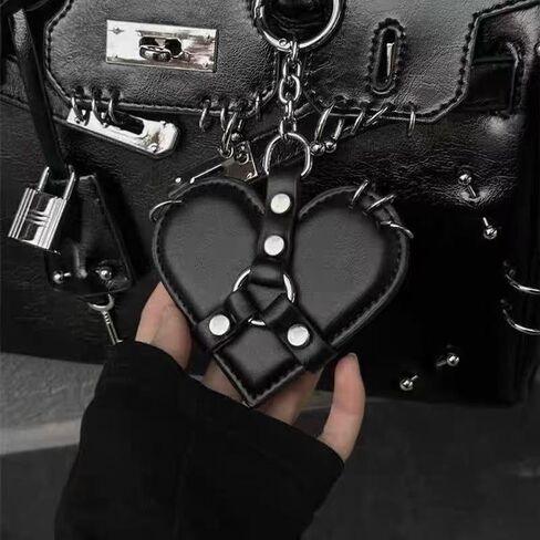 Studded Leather Heart Bag Charm Y2K Gothic Keychain for Women Punk Aesthetic Purse Charm,PU Leather Gothic Accessory in Kuwait