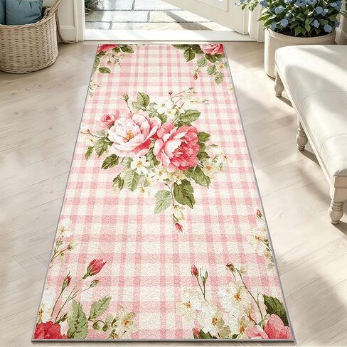 Pink Floral Plaid Runner Rug for Hallway 2x7 ft, Shabby Chic Rose Washable Kitchen Rug, Non Slip Low Pile Rustic Farmhouse Carpet Runners for Hallways Entryway Bedroom Hall Indoor Pb1-66 in Kuwait