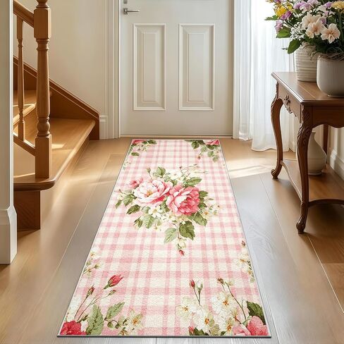 Pink Floral Plaid Runner Rug for Hallway 2x7 ft, Shabby Chic Rose Washable Kitchen Rug, Non Slip Low Pile Rustic Farmhouse Carpet Runners for Hallways Entryway Bedroom Hall Indoor Pb1-66 in Kuwait