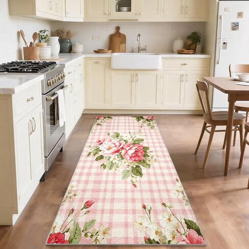 Pink Floral Plaid Runner Rug for Hallway 2x7 ft, Shabby Chic Rose Washable Kitchen Rug, Non Slip Low Pile Rustic Farmhouse Carpet Runners for Hallways Entryway Bedroom Hall Indoor Pb1-66 in Kuwait