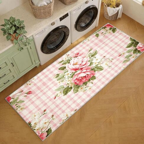 Pink Floral Plaid Runner Rug for Hallway 2x7 ft, Shabby Chic Rose Washable Kitchen Rug, Non Slip Low Pile Rustic Farmhouse Carpet Runners for Hallways Entryway Bedroom Hall Indoor Pb1-66 in Kuwait
