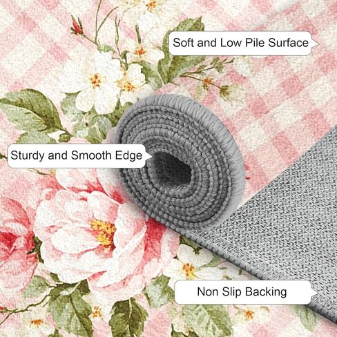 Pink Floral Plaid Runner Rug for Hallway 2x7 ft, Shabby Chic Rose Washable Kitchen Rug, Non Slip Low Pile Rustic Farmhouse Carpet Runners for Hallways Entryway Bedroom Hall Indoor Pb1-66 in Kuwait