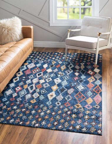 Rugs.com Morocco Collection Rug – 6 Ft Runner Navy Blue High-Pile Rug Perfect for Hallways, Entryways in Kuwait