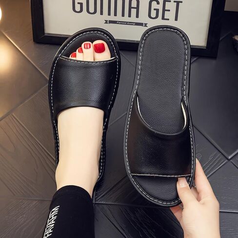 Leather Slide Sandals for Men Women - Top-Grain Cowhide Non-Slip Slippers (Black/Gray/Blue) in Saudi Arabia