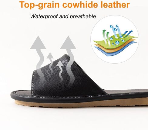 Leather Slide Sandals for Men Women - Top-Grain Cowhide Non-Slip Slippers (Black/Gray/Blue) in Saudi Arabia