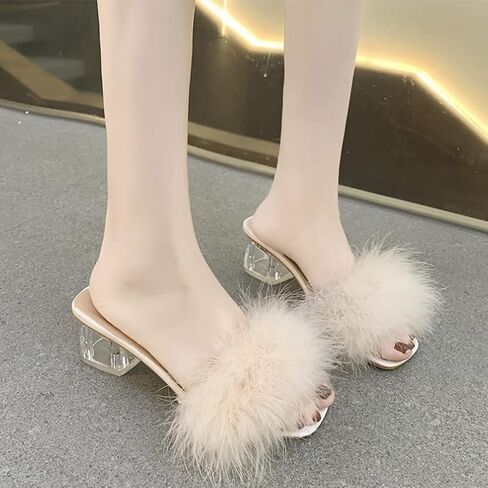 Holibanna Fluffy Heels Women Slippers Lightweight Non-Slip Thick Heel Sandal Shoes for Outdoor Summer Casual Party Work Comfortable Fashionable Footwear in Saudi Arabia