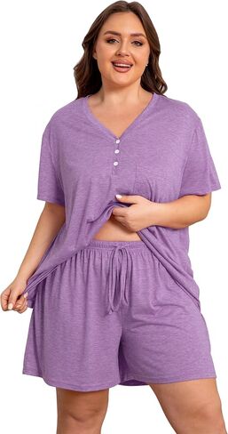 Vozanet Women's Plus Size Solid Pajama Sets Button V Neck Sleepwear Summer Shorts Nighty Soft Loungewear with Pockets in Saudi Arabia