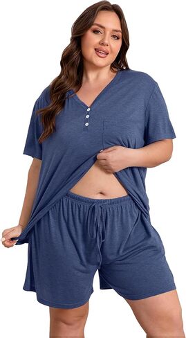 Vozanet Women's Plus Size Solid Pajama Sets Button V Neck Sleepwear Summer Shorts Nighty Soft Loungewear with Pockets in Saudi Arabia
