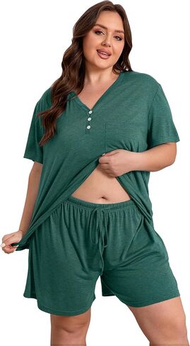 Vozanet Women's Plus Size Solid Pajama Sets Button V Neck Sleepwear Summer Shorts Nighty Soft Loungewear with Pockets in Saudi Arabia