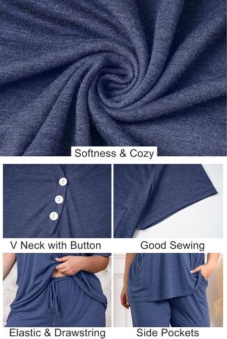 Vozanet Women's Plus Size Solid Pajama Sets Button V Neck Sleepwear Summer Shorts Nighty Soft Loungewear with Pockets in Saudi Arabia