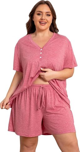 Vozanet Women's Plus Size Solid Pajama Sets Button V Neck Sleepwear Summer Shorts Nighty Soft Loungewear with Pockets in Saudi Arabia