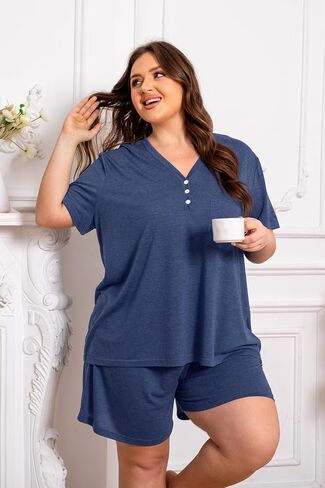 Vozanet Women's Plus Size Solid Pajama Sets Button V Neck Sleepwear Summer Shorts Nighty Soft Loungewear with Pockets in Saudi Arabia