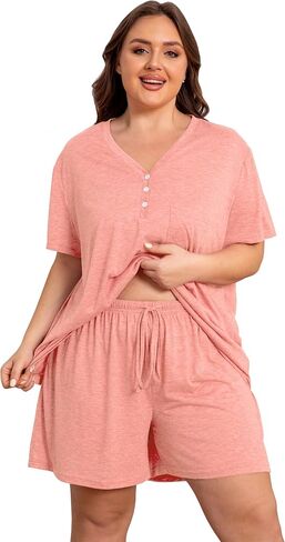 Vozanet Women's Plus Size Solid Pajama Sets Button V Neck Sleepwear Summer Shorts Nighty Soft Loungewear with Pockets in Saudi Arabia