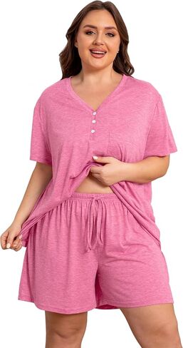 Vozanet Women's Plus Size Solid Pajama Sets Button V Neck Sleepwear Summer Shorts Nighty Soft Loungewear with Pockets in Saudi Arabia