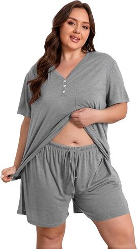 Vozanet Women's Plus Size Solid Pajama Sets Button V Neck Sleepwear Summer Shorts Nighty Soft Loungewear with Pockets in Saudi Arabia