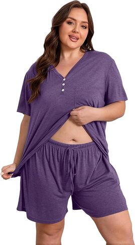Vozanet Women's Plus Size Solid Pajama Sets Button V Neck Sleepwear Summer Shorts Nighty Soft Loungewear with Pockets in Saudi Arabia