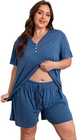 Vozanet Women's Plus Size Solid Pajama Sets Button V Neck Sleepwear Summer Shorts Nighty Soft Loungewear with Pockets in Saudi Arabia