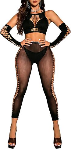 Sesiwadbe Women Nylon Lingerie Set 2 Pieces Pajamas Cami Top and Fishnet Tights Sheer Sleepwear in Saudi Arabia