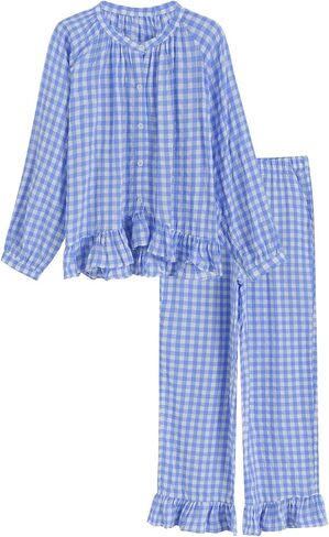 Latuza Women's Petite Seersucker Pajama Set Gingham Ruffle PJs Set Petite Length in Kuwait