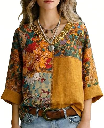 Women's Boho Patchwork Floral Print Top V-Neck 3/4 Sleeve Casual Vintage Blouse in Saudi Arabia