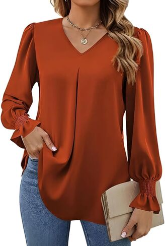 Elegant Tops for Women Lantern Sleeve Plain Color V-Neck Long Sleeve Shirts Pleated Formal Blouses Fall Sweatshirts in Kuwait