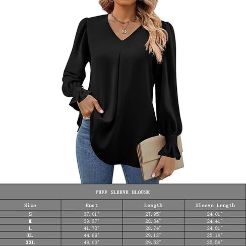 Elegant Tops for Women Lantern Sleeve Plain Color V-Neck Long Sleeve Shirts Pleated Formal Blouses Fall Sweatshirts in Kuwait