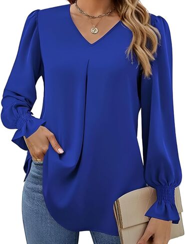 Elegant Tops for Women Lantern Sleeve Plain Color V-Neck Long Sleeve Shirts Pleated Formal Blouses Fall Sweatshirts in Kuwait