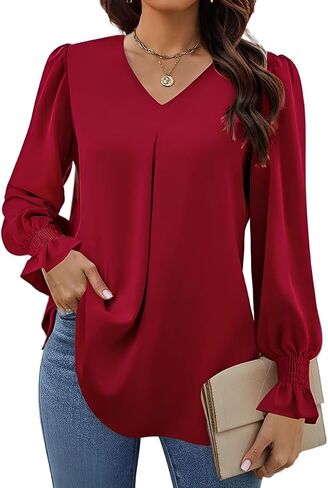 Elegant Tops for Women Lantern Sleeve Plain Color V-Neck Long Sleeve Shirts Pleated Formal Blouses Fall Sweatshirts in Kuwait