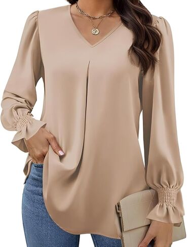 Elegant Tops for Women Lantern Sleeve Plain Color V-Neck Long Sleeve Shirts Pleated Formal Blouses Fall Sweatshirts in Kuwait