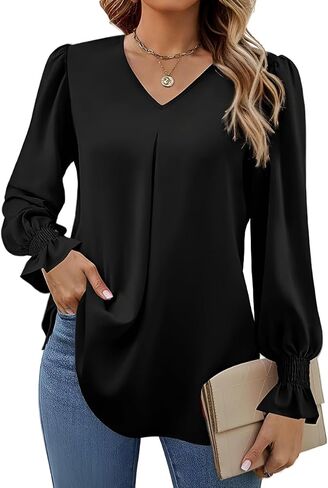 Elegant Tops for Women Lantern Sleeve Plain Color V-Neck Long Sleeve Shirts Pleated Formal Blouses Fall Sweatshirts in Kuwait