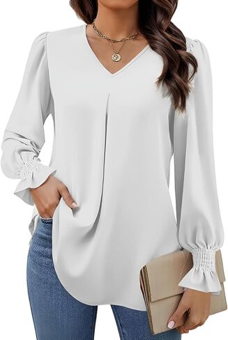 Elegant Tops for Women Lantern Sleeve Plain Color V-Neck Long Sleeve Shirts Pleated Formal Blouses Fall Sweatshirts in Kuwait