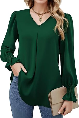 Elegant Tops for Women Lantern Sleeve Plain Color V-Neck Long Sleeve Shirts Pleated Formal Blouses Fall Sweatshirts in Kuwait