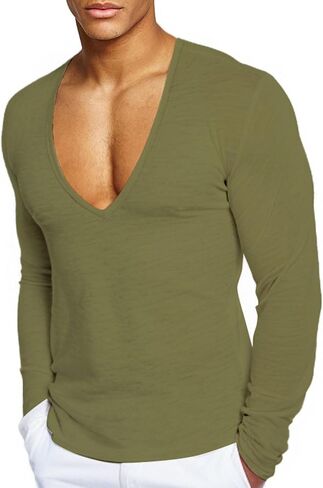 Men's Deep V Neck T-Shirts Long Sleeve Thermal Undershirt Stretch Underwear Muscle Fit Low Cut Workout Slim Fit Top in Saudi Arabia