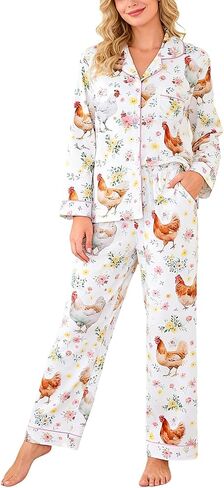 Women's 2 Piece Chicken Pajamas Set Cute Floral Funny Chicken Pjs Pants Long Sleeve Button Down Loungewear Set in Saudi Arabia