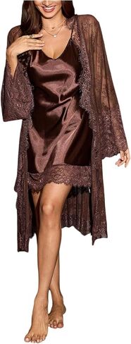 OYOANGLE Women's Satin Nightgown and Robe Set Lace Sheer Long Sleeve Robe and Chemise 2 Piece Pajama Set in Kuwait
