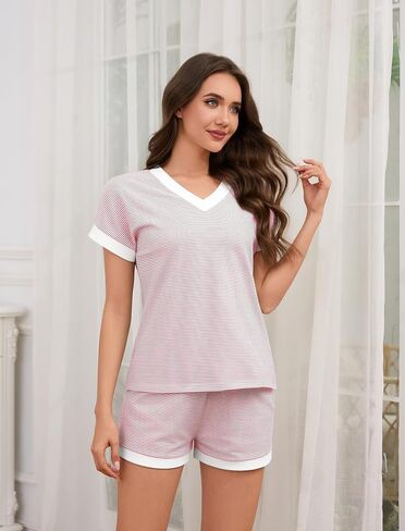 Women Cotton Pajama Sets 2 Piece Lounge Set Stripe Short Sleeve V Neck Pj Set Loungewear Soft Sleepwear with Pockets in Saudi Arabia