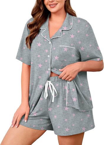 AusLook Plus Size Pajama Set for Women Short Sleeve Button Down Sleepwear with Pockets Notch Collar Drawstring Shorts 1-5X in Saudi Arabia