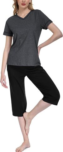 Women's Cotton Pajamas Set Short Sleeve Top and Capri Pants Lightweight Comfy Lounge Sleepwear with Pockets in Saudi Arabia