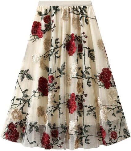 Womens Floral Tulle Midi Skirt High Waisted A Line Cute Fairy Mesh Layered Skirt in Saudi Arabia