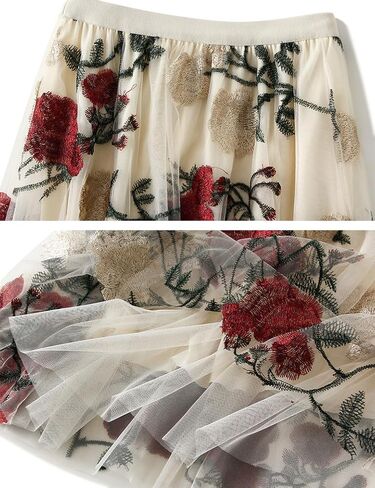 Womens Floral Tulle Midi Skirt High Waisted A Line Cute Fairy Mesh Layered Skirt in Saudi Arabia