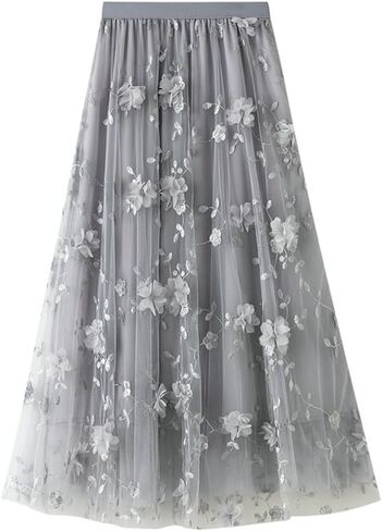 Womens Floral Tulle Midi Skirt High Waisted A Line Cute Fairy Mesh Layered Skirt in Saudi Arabia