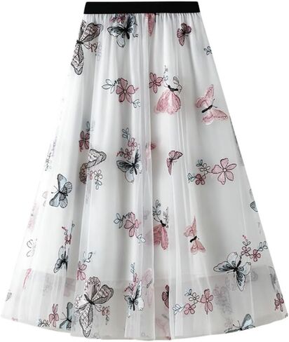 Womens Floral Tulle Midi Skirt High Waisted A Line Cute Fairy Mesh Layered Skirt in Saudi Arabia