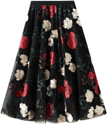 Womens Floral Tulle Midi Skirt High Waisted A Line Cute Fairy Mesh Layered Skirt in Saudi Arabia