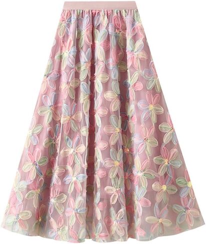 Womens Floral Tulle Midi Skirt High Waisted A Line Cute Fairy Mesh Layered Skirt in Saudi Arabia